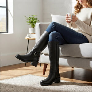 Zodiac Modern Western Moto Knee Height Tall Boots SZ 7 M REGULAR Calf BLACK
